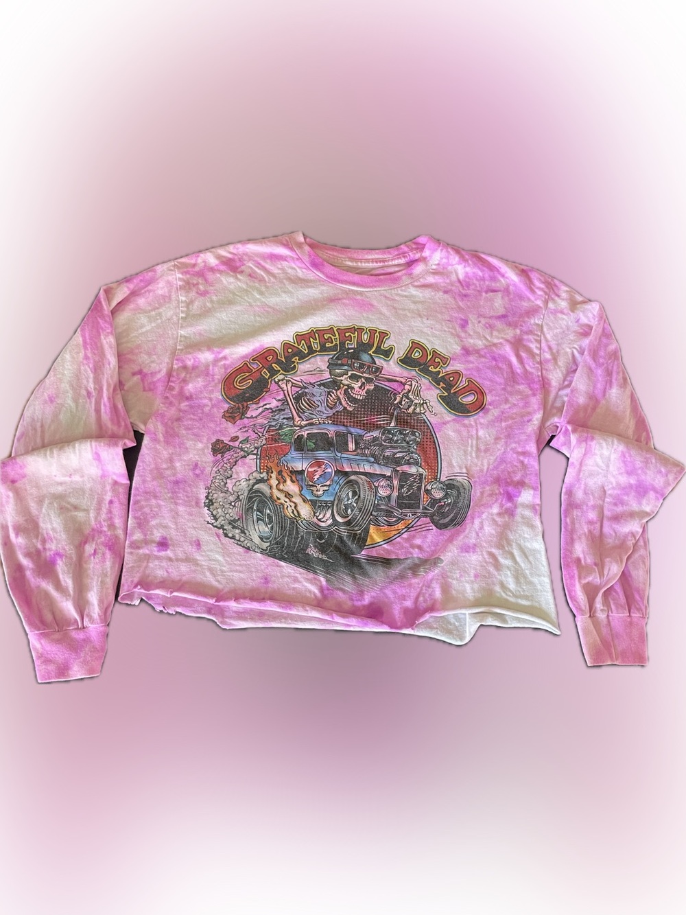 Grateful Dead Pink Tie-Dye Skeleton ‘Hot Rod’ cropped long sleeve Tee